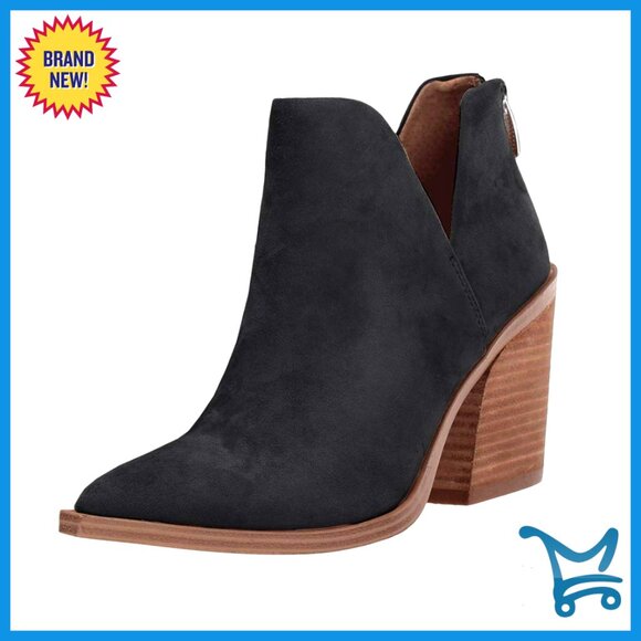 Slip On Ankle Boots V Cutout Pointed Toe Chunky Stacked Heel Booties